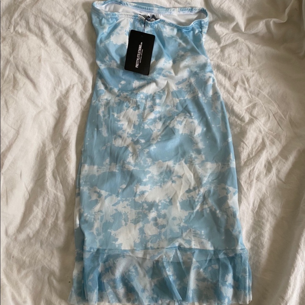 NWT PLT Baby Blue Tie Dye Mesh Ruche Bodycon Dress - Picture 3 of 3